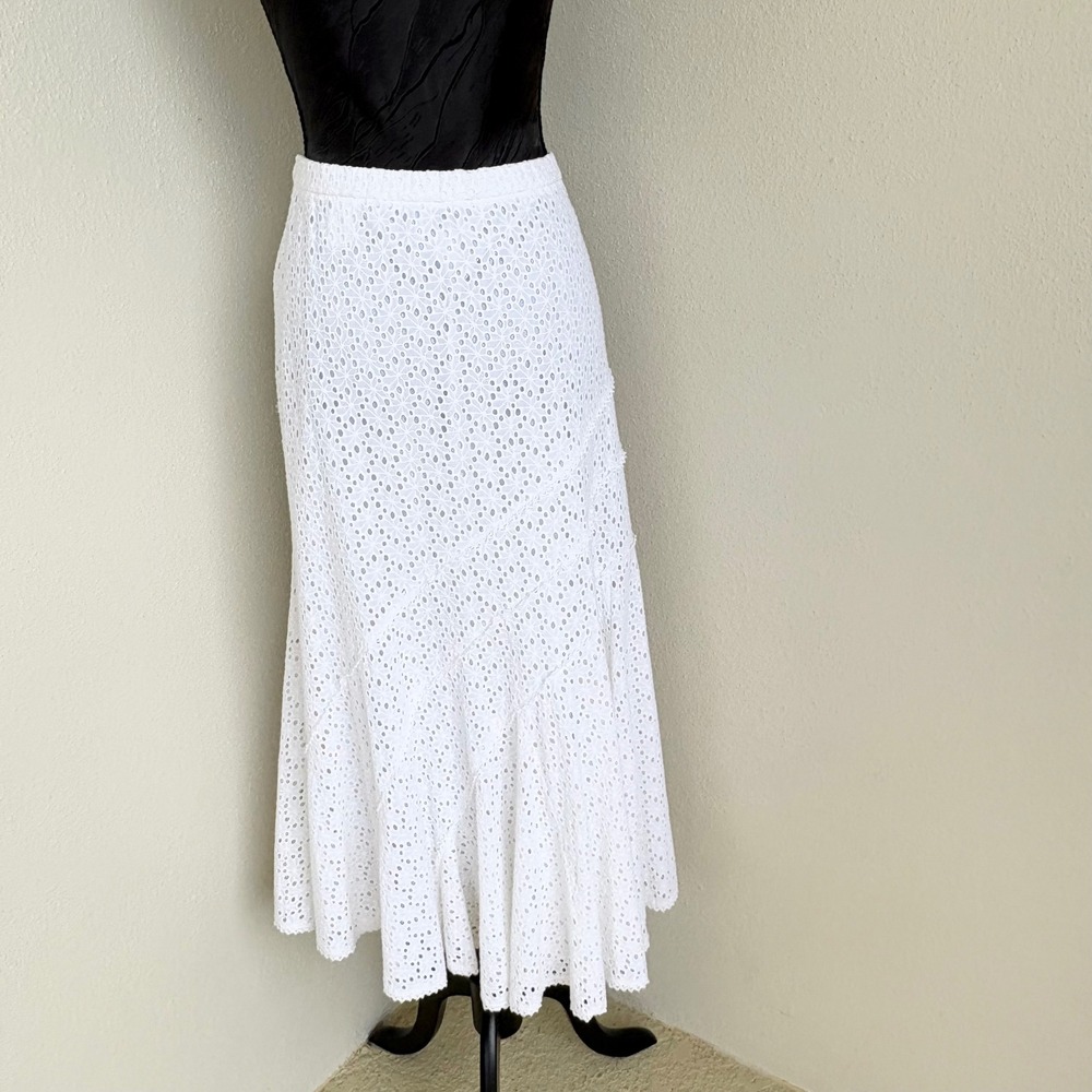 Coldwater Creek White Eyelet Midi Skirt Women M 100% Cotton Coastal Preppy Boho